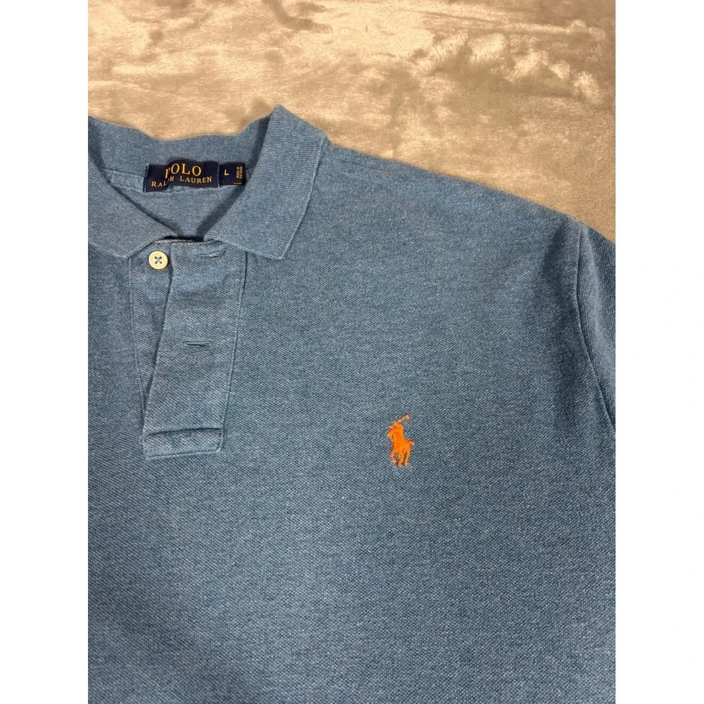 Polo Ralph Lauren Mens Long Sleeve Polo Shirt Blue‎ Orange Pony Logo Large